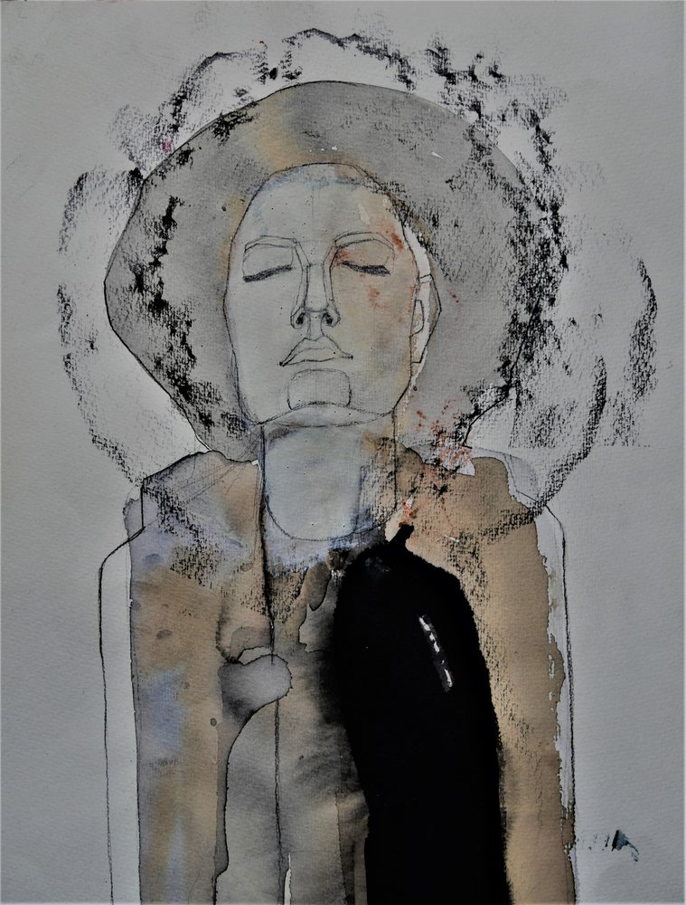 Femme contemplative au chapeau - Doris Schmitz