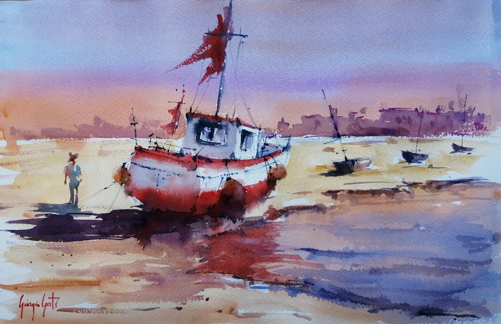 Un bateau échoué au coucher du soleil - Giorgio Gosti