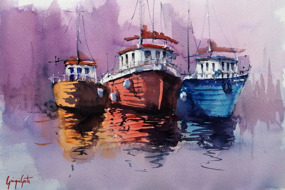 Bateaux colorés dans le port - Giorgio Gosti