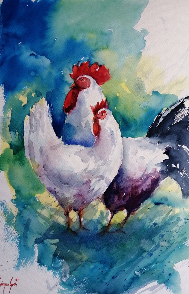 Un coq et une poule colorés - Giorgio Gosti