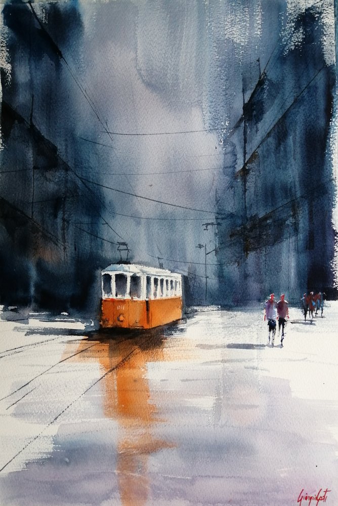 Tramway orange sous la pluie en ville - Giorgio Gosti