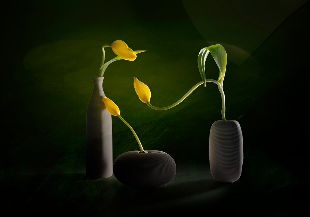 Vases à motifs floraux verts et jaunes - John-Mei Zhong