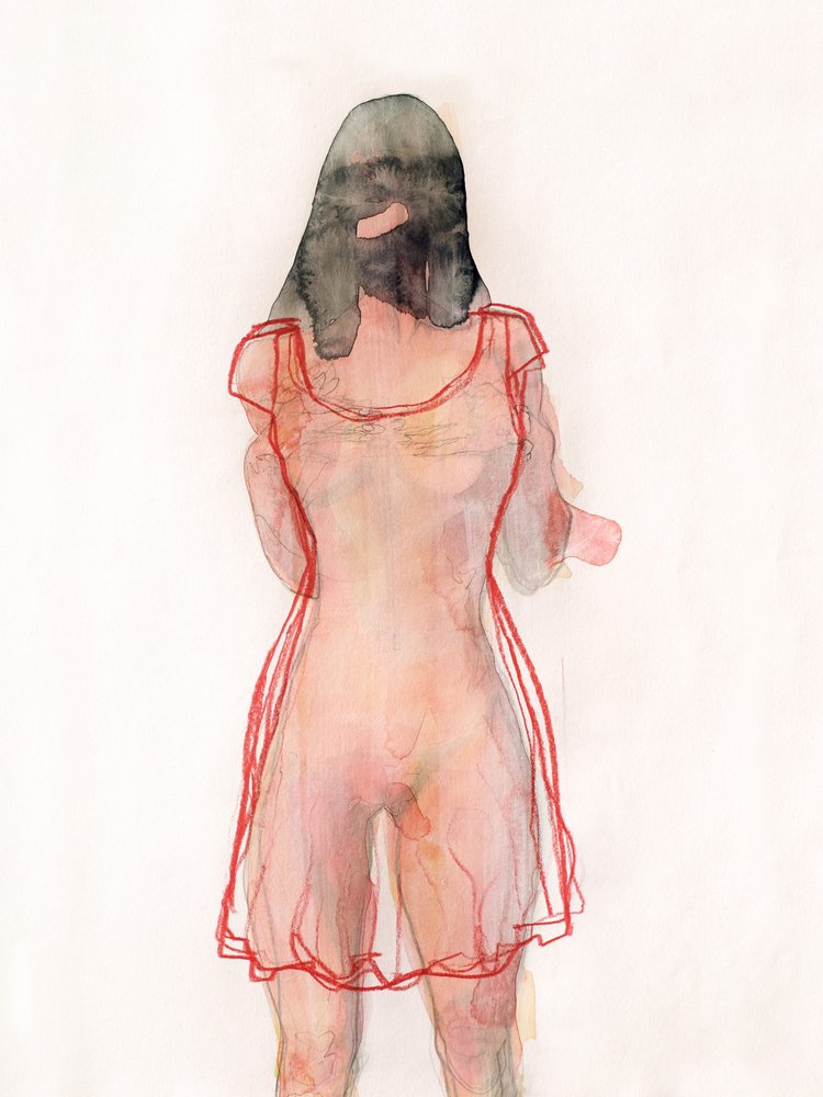 Femme en robe rouge transparente - Joshua Hoskins