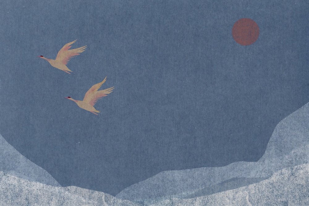 Grues au-dessus de sommets enneigés - Josie George