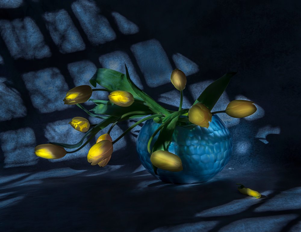 Tulipes lumineuses dans un vase bleu - Judy Tseng