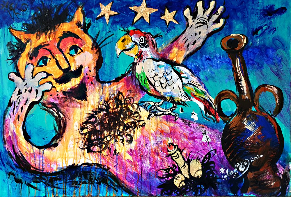 Un chat et un perroquet surréalistes - Kanat Ibragimov