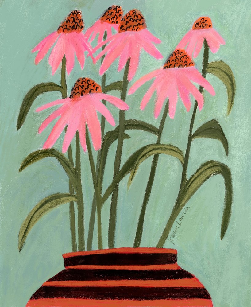 Des échinacées roses dans un vase - Karin Lauria