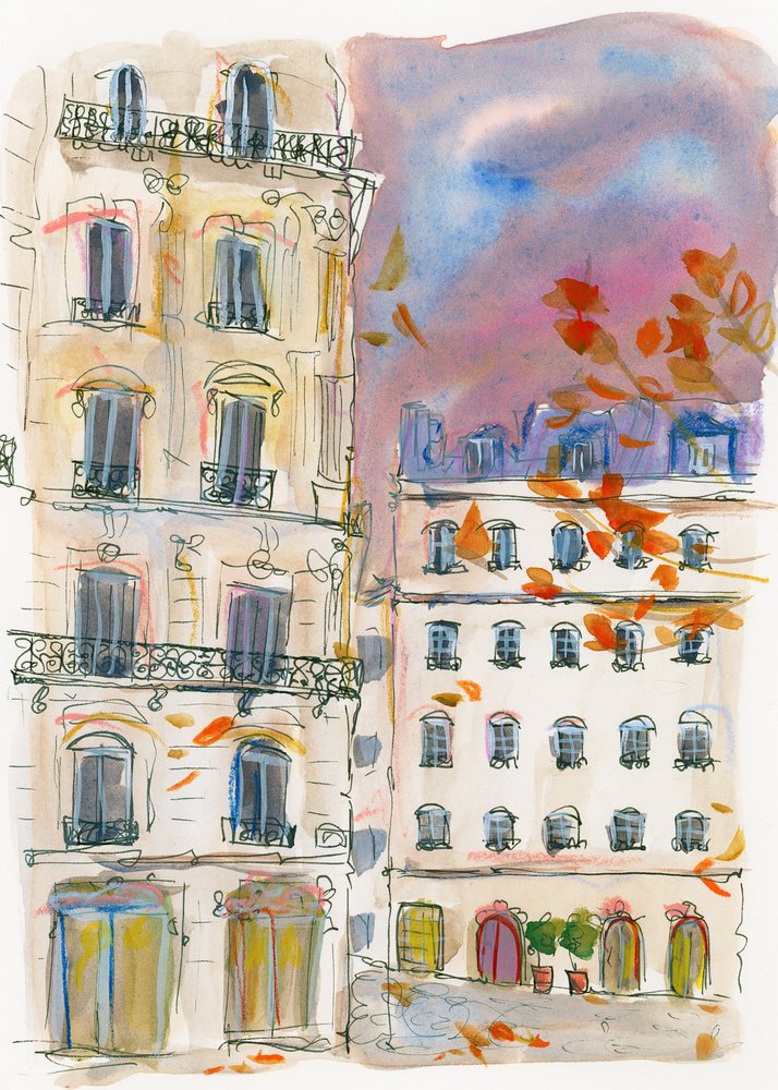 Un coin de rue à Paris sous un ciel violet - Katharina Puritscher