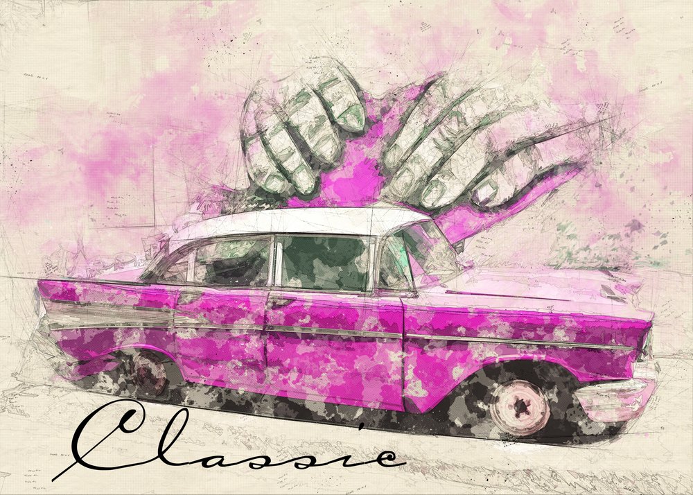 La voiture de rêve rose classique - Lembayung senja studio [Vintage Poster]