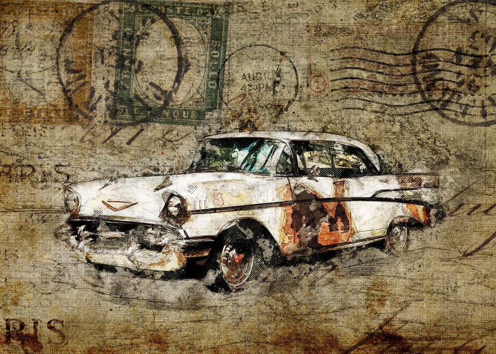 Voiture ancienne au style rustique - Lembayung senja studio [Vintage Poster]