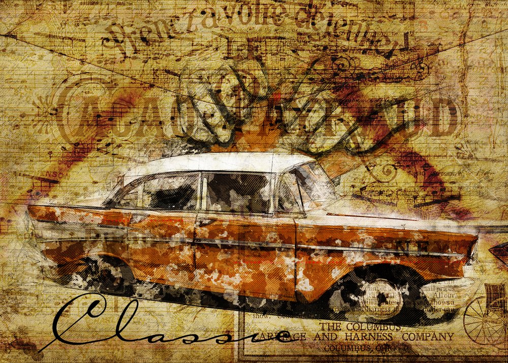 Voiture ancienne au style rustique - Lembayung senja studio [Vintage Poster]