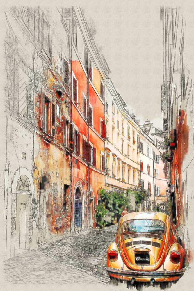 Croquis de la ville des voitures anciennes - Lembayung senja studio [Vintage Poster]