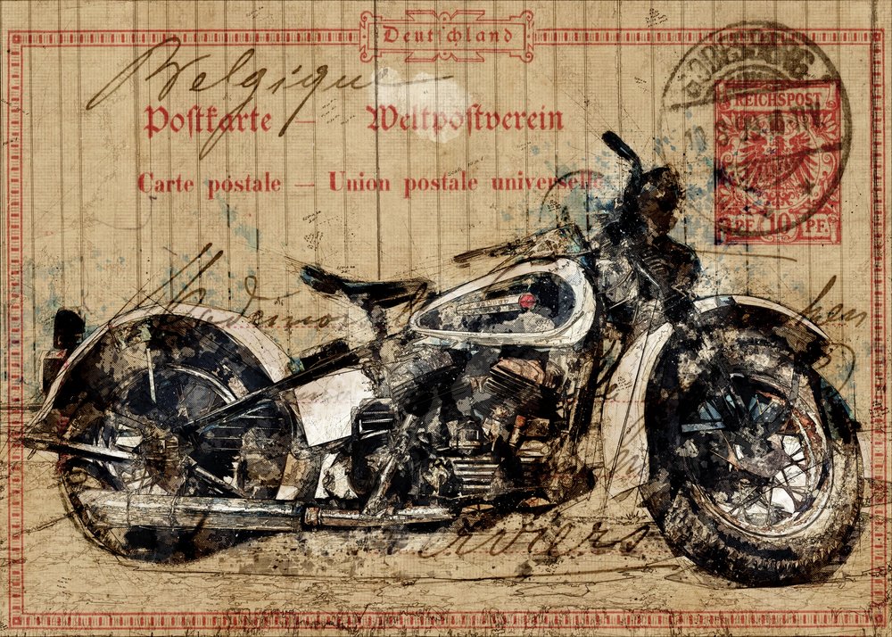 Carte postale représentant une moto ancienne - Lembayung senja studio [Vintage Poster]