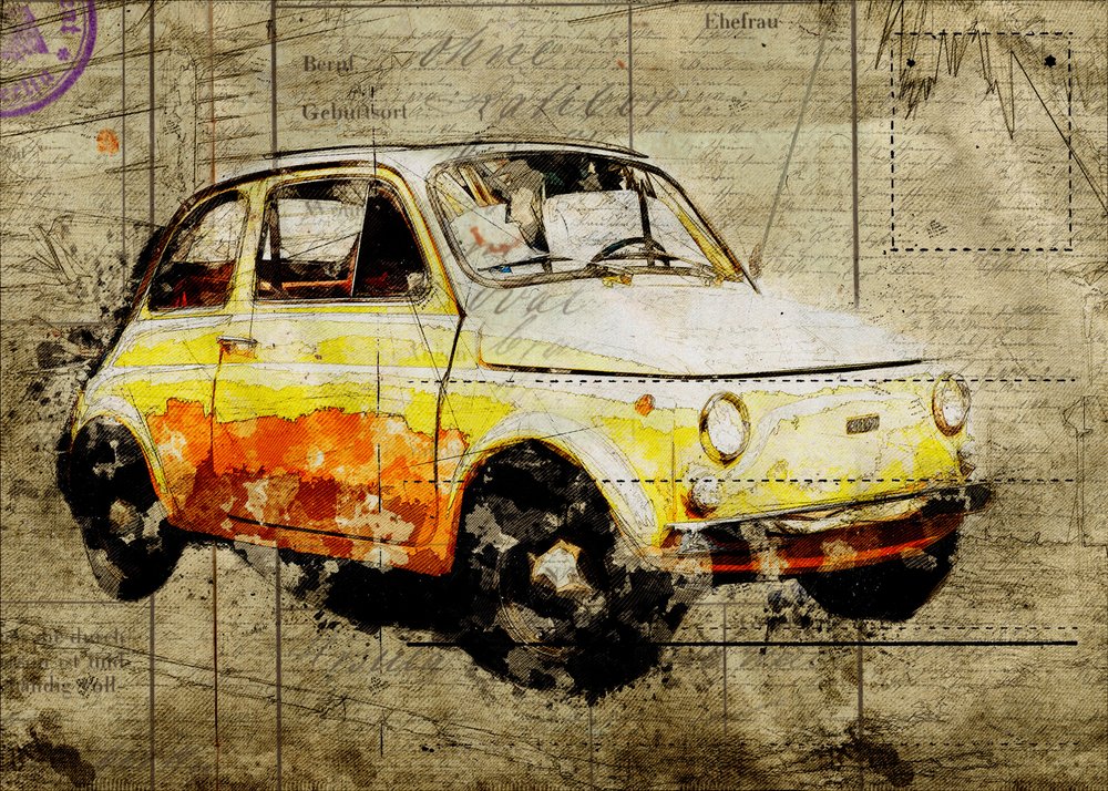 Fiat 500 jaune vintage - Lembayung senja studio [Vintage Poster]