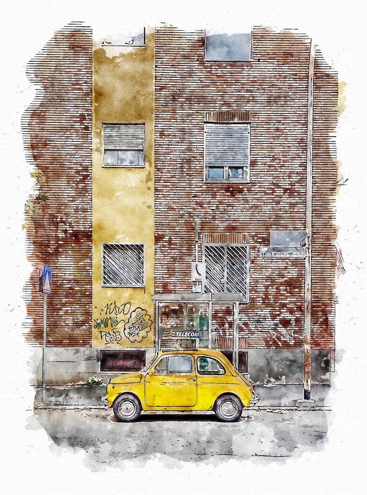 Voiture de ville classique jaune - Lembayung senja studio [Vintage Poster]