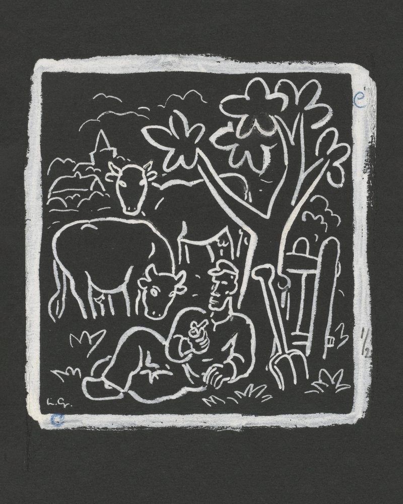 Paysan se reposant sous un arbre dans un pré parsemé de vaches (1891–1941) - Leo Gestel