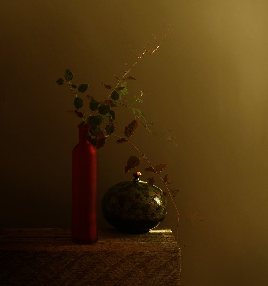 Nature morte à la bouteille rouge foncé - Margaret Halaby