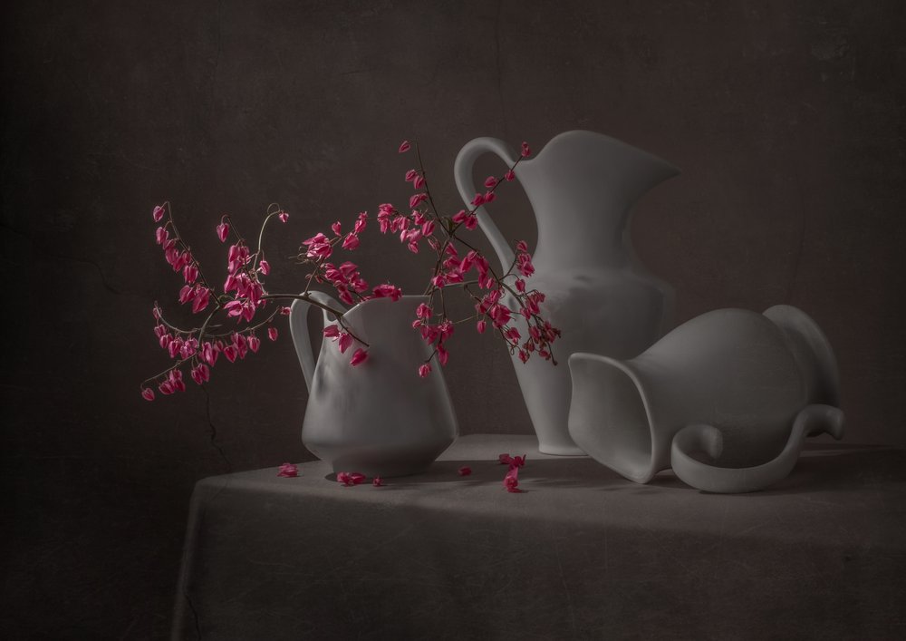 Fleurs roses et cruches blanches - Margareth Perfoncio