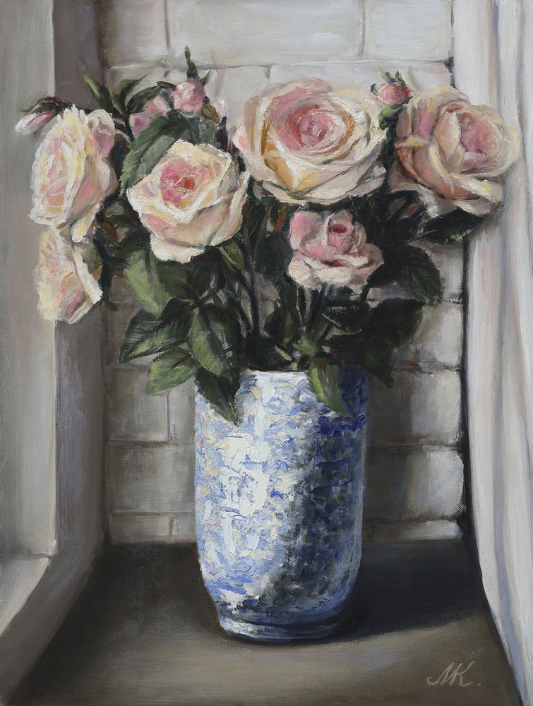Roses roses sur un rebord de fenêtre - Peinture d