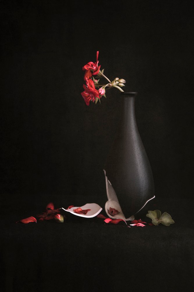 Vase cassé avec fleurs rouges - Martine Benezech