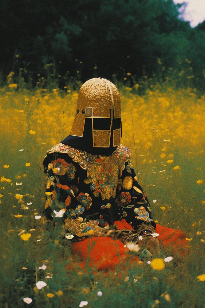 Casque doré dans un champ de fleurs - Max Sandström