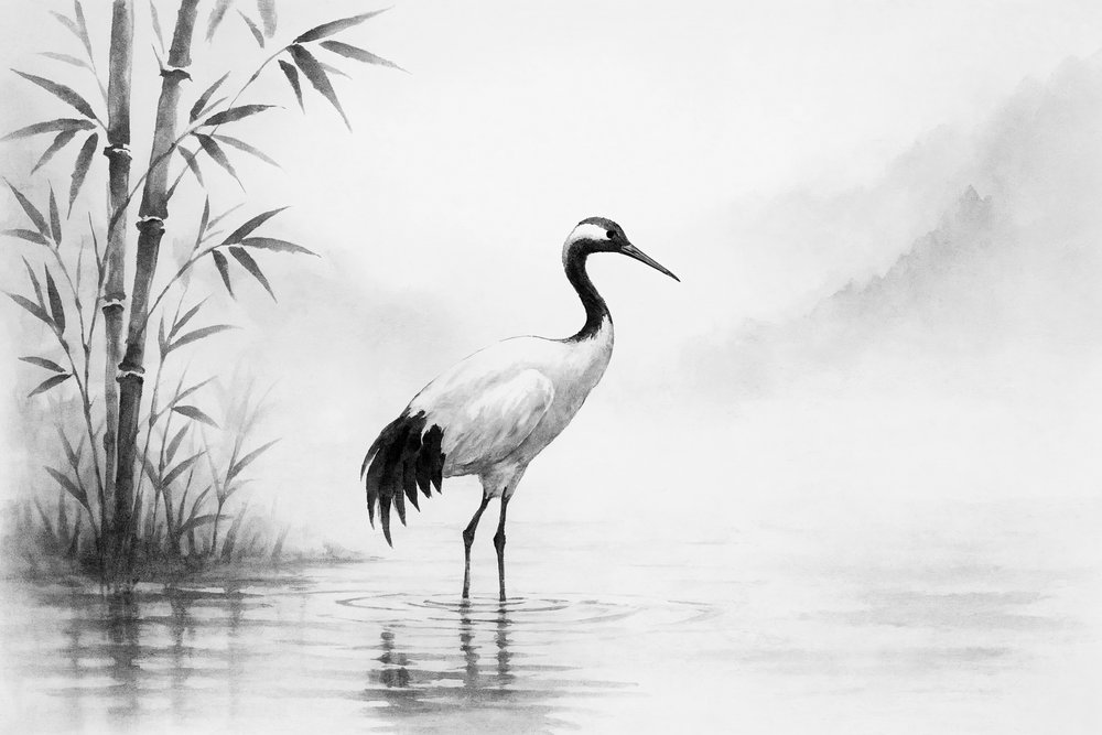 Une grue dans un paysage brumeux - Natalie Bruns