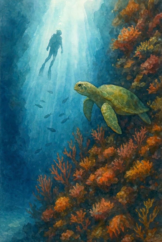 Plongeur et tortue de mer - Natalie Bruns