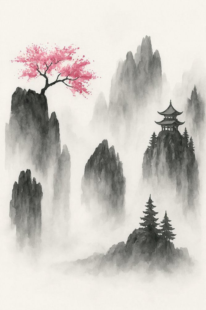 Paysage de montagne japonais avec un cerisier et un temple - Natalie Bruns