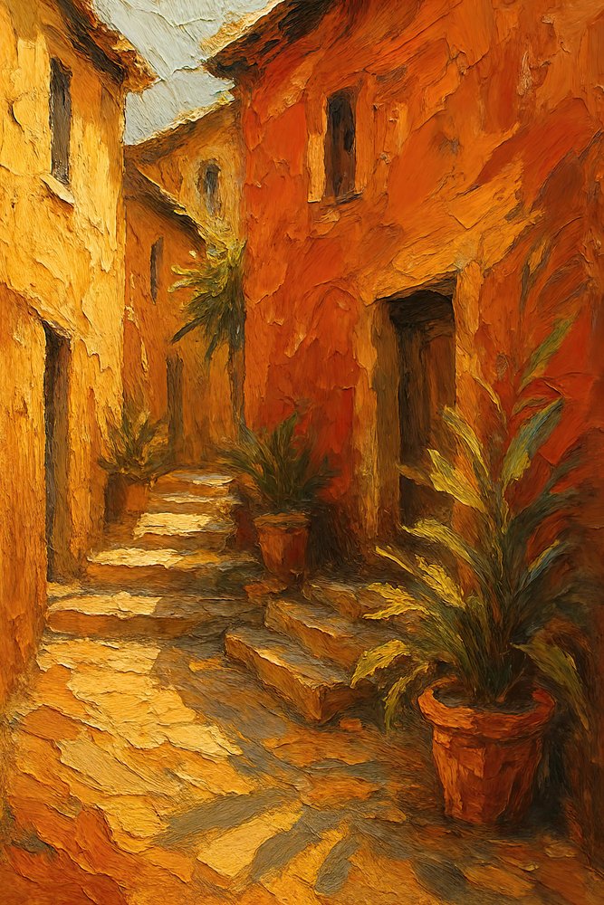 Les marches du village ensoleillé - Natalie Bruns