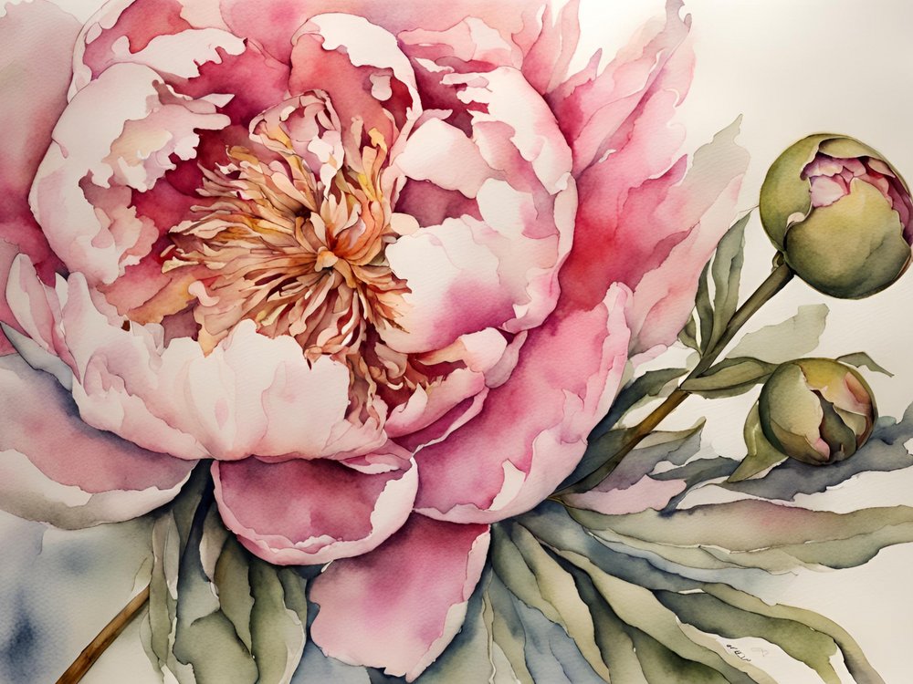 Aquarelle de pivoine rose - Ohkimiko