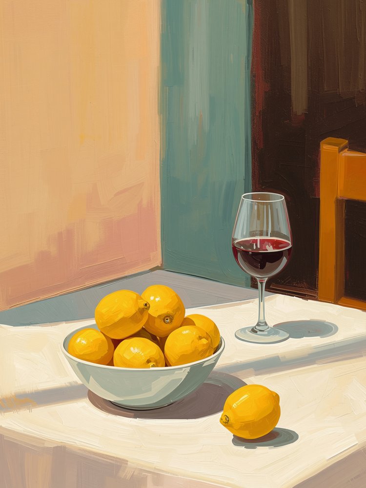 Nature morte aux citrons et verre de vin rouge - Ohkimiko