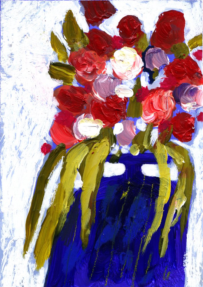 Fleurs colorées dans un vase bleu - Olga Skomorokhova