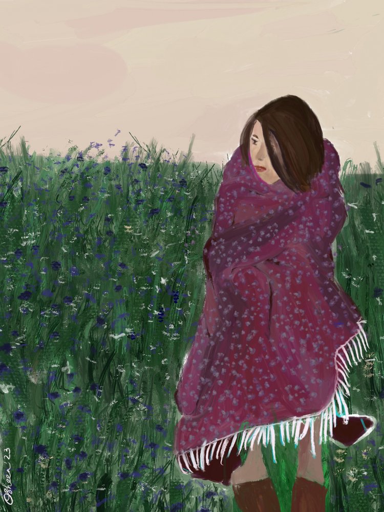 Femme enveloppée dans un champ de fleurs sauvages - Osheensgallery