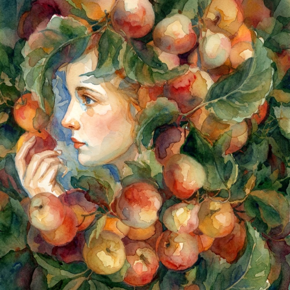 Femme sereine récoltant des pommes - Patrick Gonzales