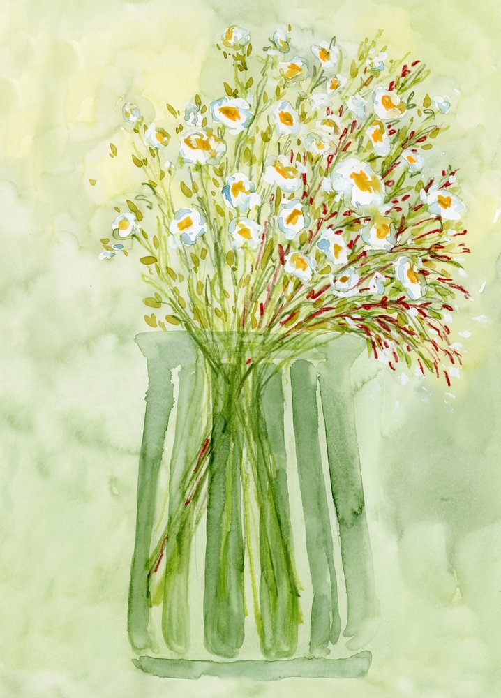 Vase vert, fleurs blanches - Rosana Laiz Blursbyai