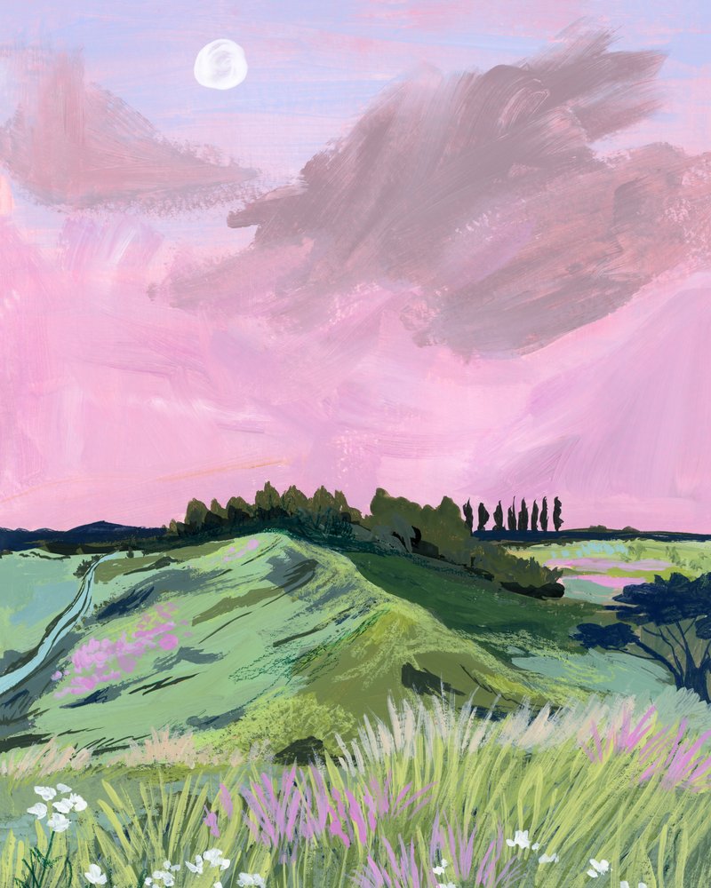 Ciel rose au-dessus des collines vallonnées - Sarah Gesek