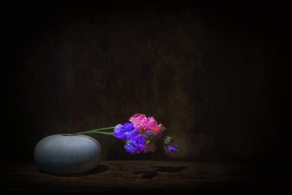 Nature morte aux pois de senteur aux couleurs vives - Saskia Dingemans