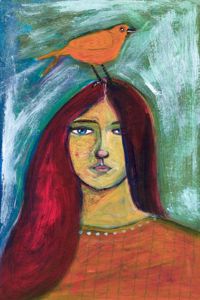 Une femme avec un oiseau orange - Sharyn Bursic