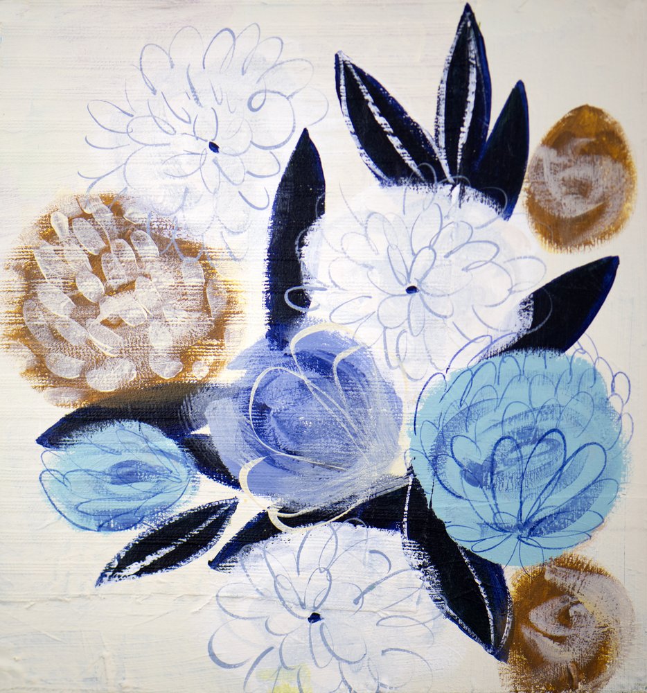 Fleurs abstraites bleu et or - Shelley Hampe