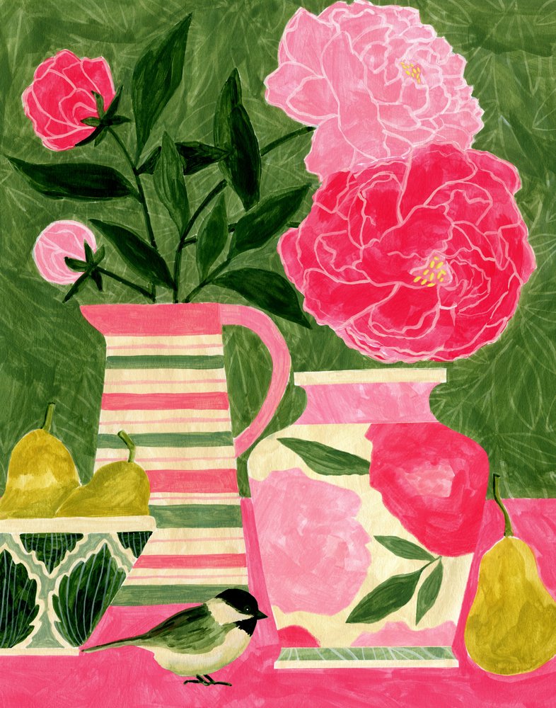 Pivoines aux couleurs vives et oiseau - Susan Black