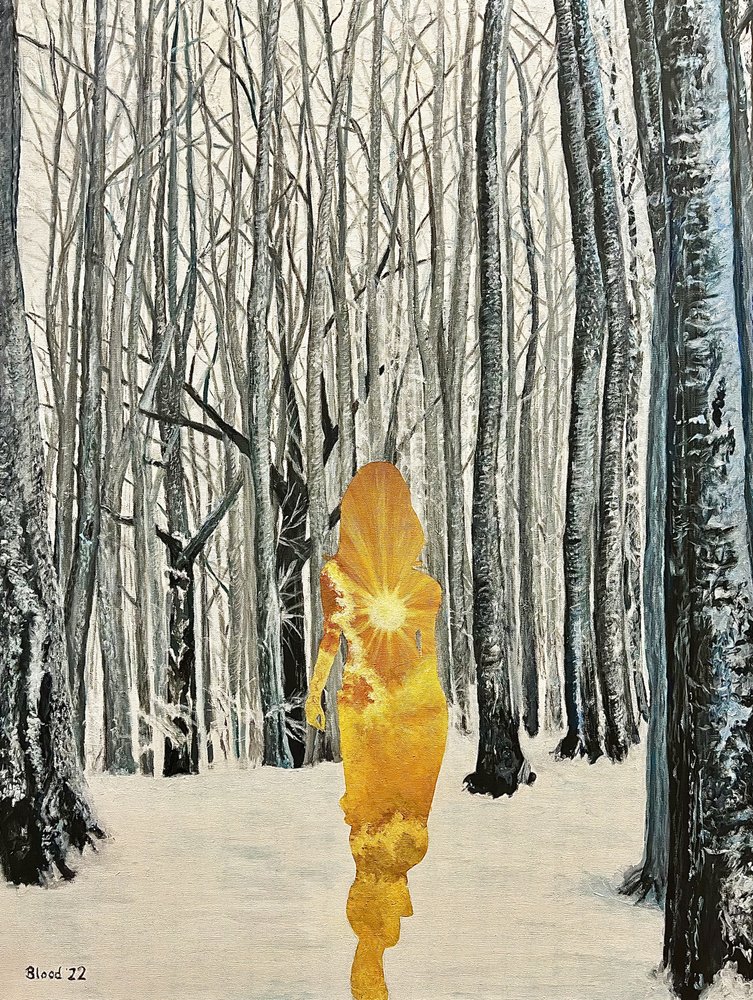 Une femme dorée dans une forêt hivernale - Tom Blood