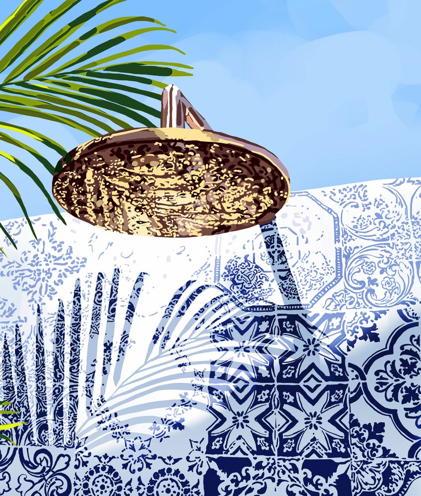 Douche extérieure avec carrelage bleu - Uma Gokhale