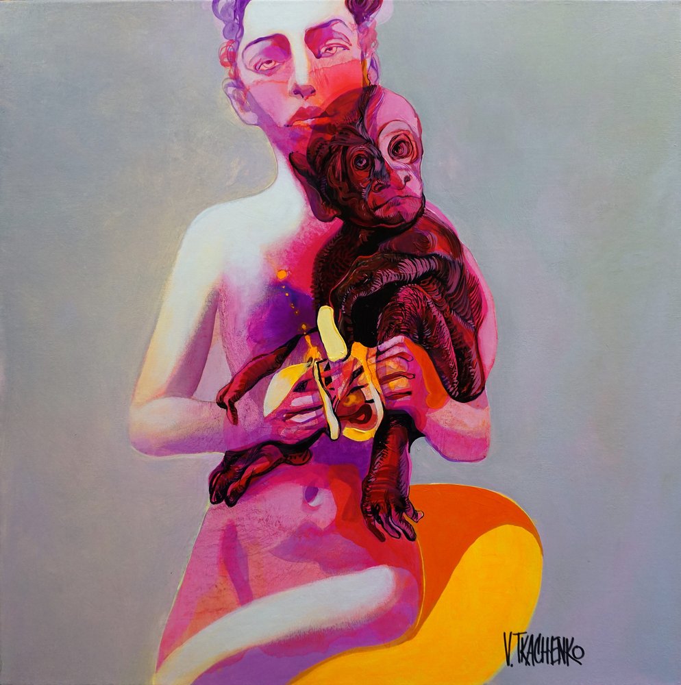 Femme nue tenant un singe - Victor Tkachenko