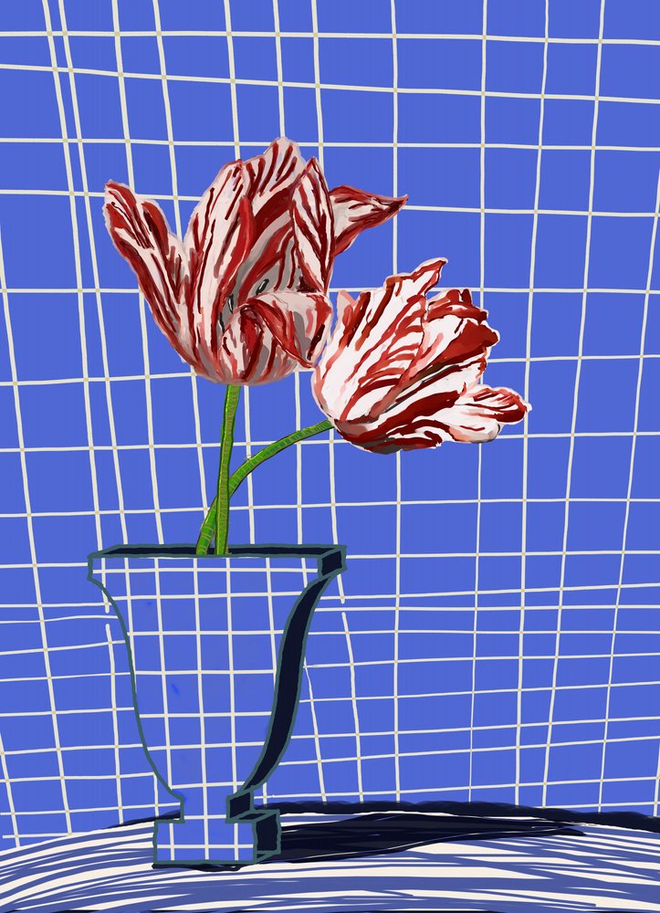 Tulipes rouges, grille bleue - XHOZUCAN