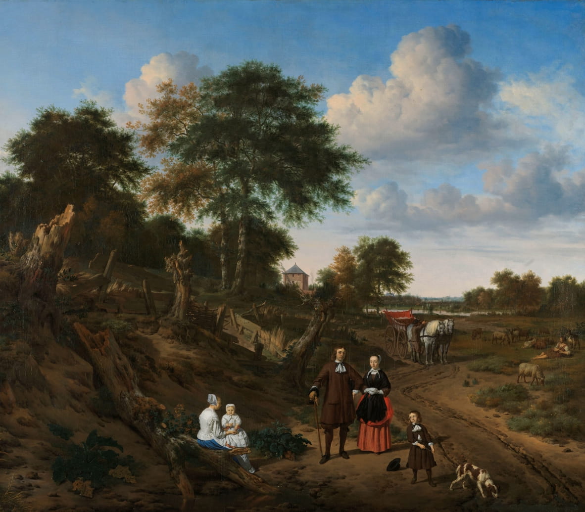 Portrait d'un couple avec deux enfants et une nourrice dans un paysage