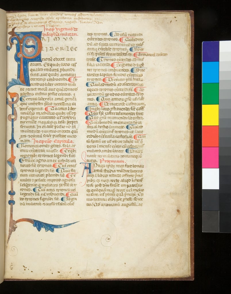 Ms 398. Vegetius, Epitoma rei militaris, f.1r. Initiale décorée [P] s