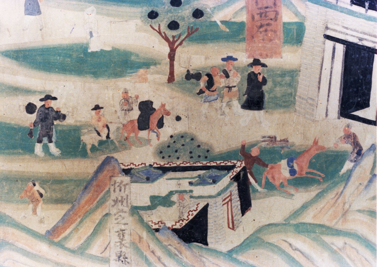(détail) Carte de la montagne Wutai (Wutaishan), peinture murale des Cinq Dynasties (907 - 960) dans les grottes de Dunhuang, représentant des pèlerins arrivant à une auberge pour la nuit - Unknown