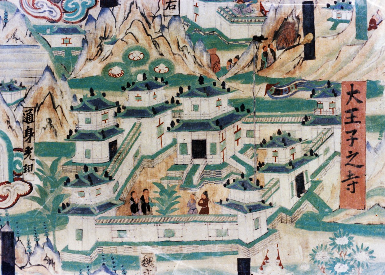 (détail) Carte de la montagne Wutai (Wutaishan), peinture murale des Cinq Dynasties (907 - 960) dans les grottes de Dunhuang, représentant un monastère - Unknown