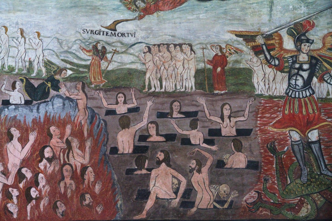 Jugement dernier illustré par des fresques baroques-métisses du XVIIe siècle dans la nef de l