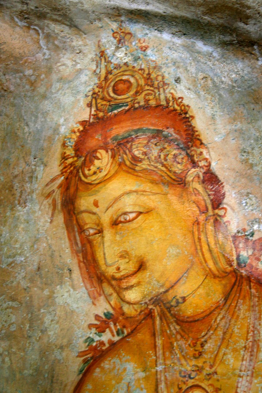 Fresque sur le mur du rocher de Sigiriya, dans le district de Matale au Sri Lanka. Ce monticule de lave de 370 mètres de haut d